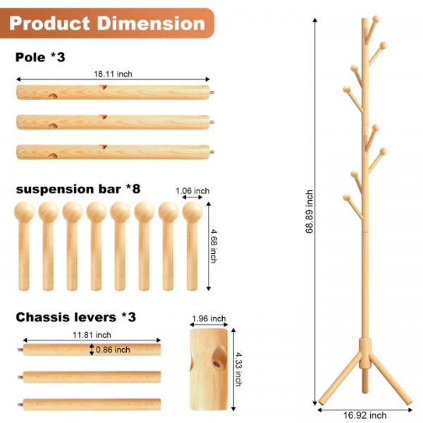 Coat Rack Freestanding,Wooden Coat Tree with 8 Hooks(Sphere) and 3 Adjustable Section Height for Bedroom, Hallway, Entrance,Office,Coat Hanger Percheros for Jackets Sweater Hat Bag