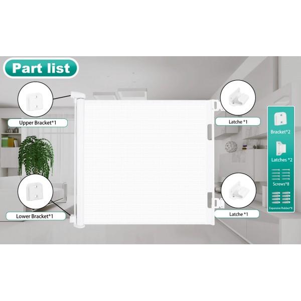 stusgo Retractable Baby Gate 33"x71"- Safety Mesh Baby Gate/Dog Gate, 33inch Tall and Extends up to 71inch Wide for Stairs, Doorways, Hallways, Banisters Indoor and Outdoor (White)