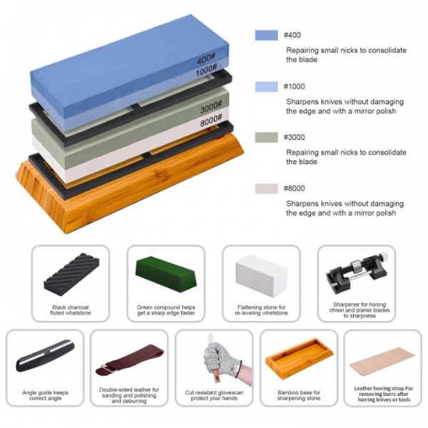 stusgo Knife Sharpening Stone Set - 2 Side Grit 400/1000 3000/8000 Kitchen Knife Sharpener Stone Includes Non-Slip Rubber Bases