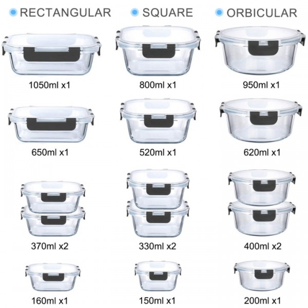 stusgo 30 Pack Glass Food Storage Containers with Lids, Airtight Leak Glass Meal Prep Glass Containers, 3 Size Lunch Glass Containers, BPA Free，Reusable for Kitchen Organization (15 pcs Black)