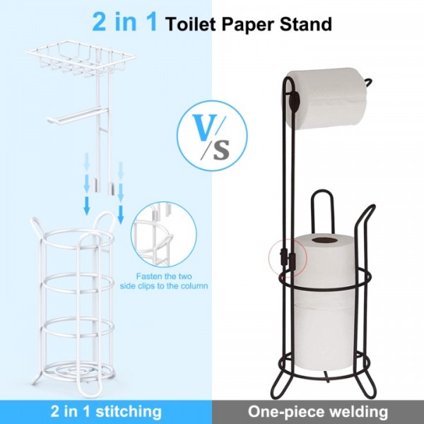 stusgo Upgraded Toilet Paper Holder Free Standing, Portable Stainless Steel Toilet Paper Roll Storage Rack, Toilet Paper Roll Dispenser with Top Storage Shelf for Bathroom (White)