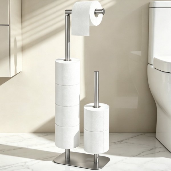 stusgo 2-in-1 Freestanding Toilet Paper Holders, Black Stainless Steel Toilet Tissue Roll Storage Stand with Reserve for Bathroom, Fits Standard & Mega Rolls（Sliver）