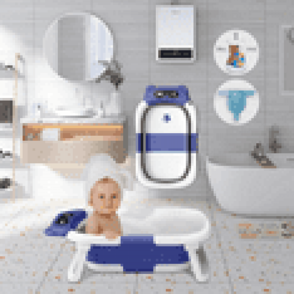 stusgo Collapsible Baby Bathtub, Plastic Baby Bath Tub with Soft Cushion & Thermometer（Blue）