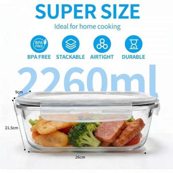 stusgo 6 Pack Large Glass Food Storage Containers with lids (2 x2260 ml, 2 x1040 ml, 2 x370 ml), BPA Free，Reusable for Kitchen Organization (6Pcs Black)