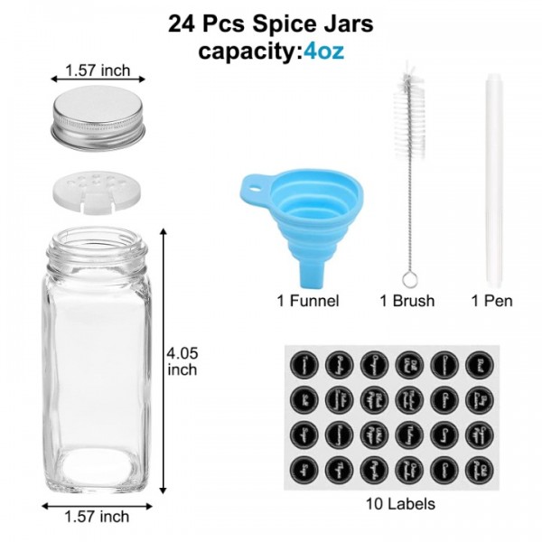 Stusgo 24-Piece Glass Spice Organizer with Labels, Shaker Lids, and Airtight Caps