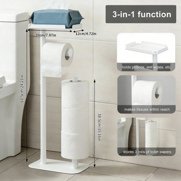 stusgo White Toilet Paper Holder Free Standing with Shelf, Freestanding Toilet Paper Holders with Storage & Phone Shelf, Modern Standing Toilet Paper Holder for Bathroom, Tissue Holder Stand