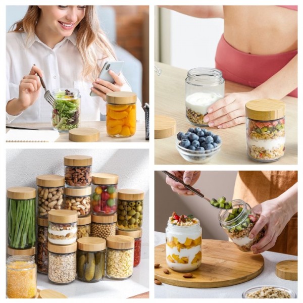 stusgo 4 Pack 16 Oz Glass Overnight Oats Containers with Bamboo Lids, Glass Overnight Oats Jars
