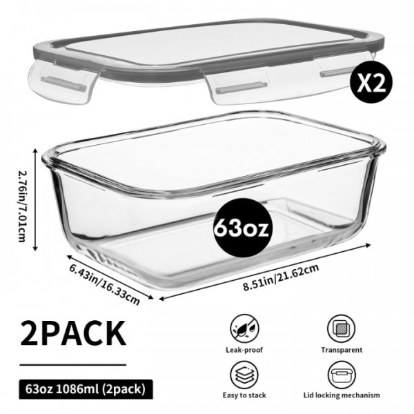 stusgo Large 63 Oz Glass Food Storage Containers with Lids, 4 Pcs Set(2 Baking Containers + 2 Locking Lids)BPA Free, Leak Proof, Microwave/Oven Safe – For Vegetables, Fruits