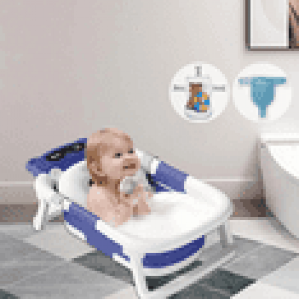 stusgo Collapsible Baby Bathtub, Plastic Baby Bath Tub with Soft Cushion & Thermometer（Blue）
