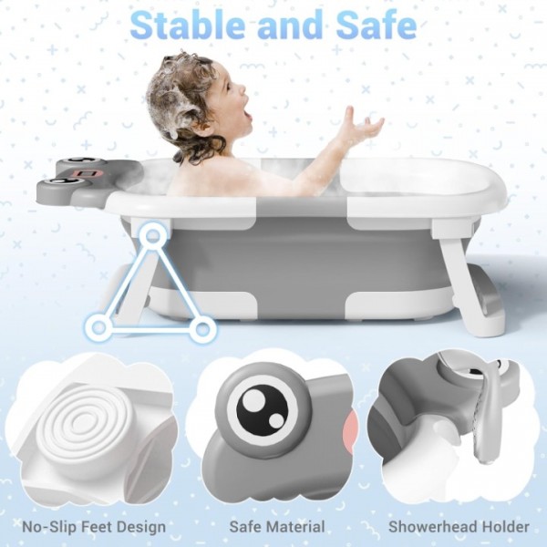 stusgo Collapsible Baby Bathtub, Plastic Frog Baby Bath Tub with Soft Cushion & Thermometer（Grey）