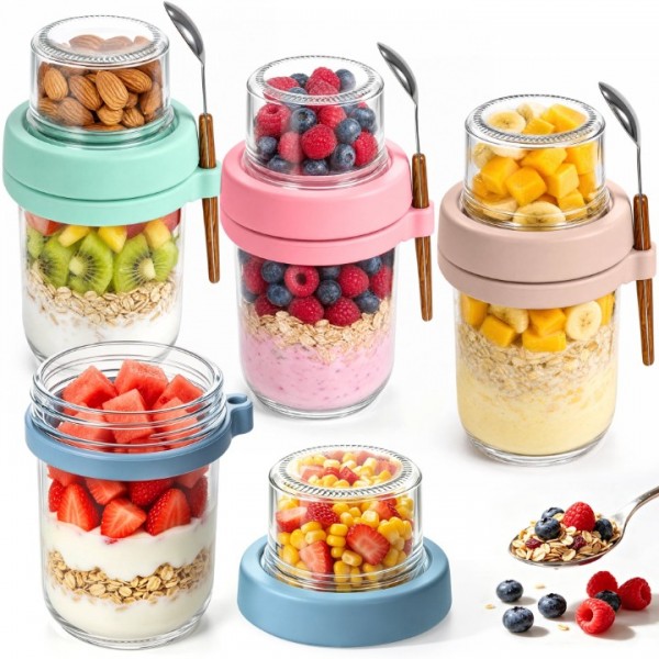 stusgo 4 Pack Glass Overnight Oats Containers with Lids & Spoons, 20oz Leakproof Meal Prep Jars for Yogurt, Granola, Salad, Portable & Dishwasher Safe