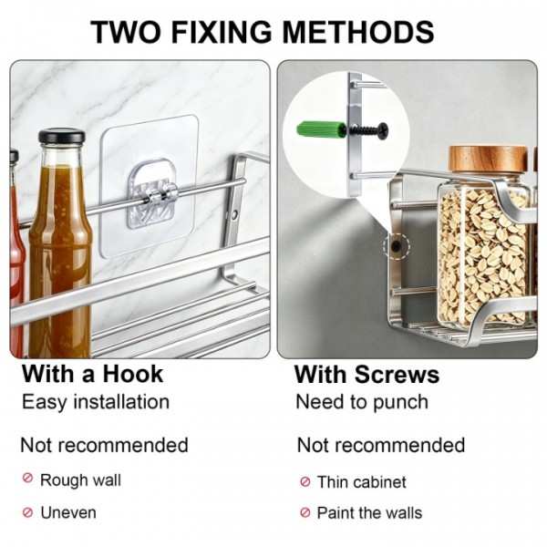 stusgo 4-Tier Spice Rack Organizer for Cabinet Door, Wall Mount with Adhesive or Screws, Silver