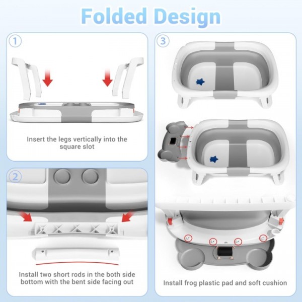 stusgo Collapsible Baby Bathtub, Plastic Frog Baby Bath Tub with Soft Cushion & Thermometer（Grey）