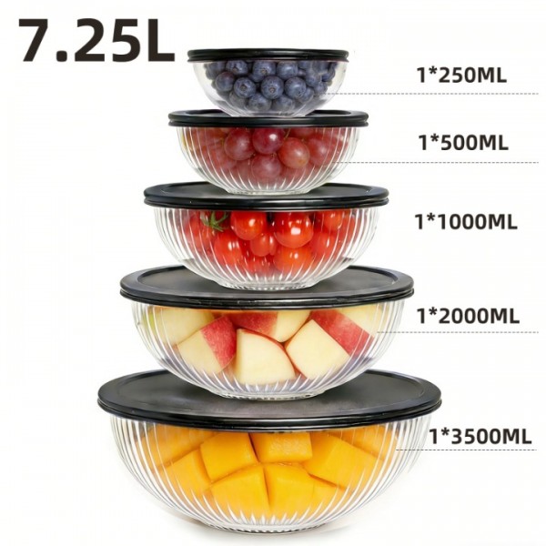 stusgo Large Glass Mixing Bowls with Lids Set, 5 pack( 0.25/0.5/1/2/3.5L) Glass Bowls with Plastic Lids for Baking,Meal Prepping and Salad, Dishwasher and Microwave Safe Serving Bowls(mix)