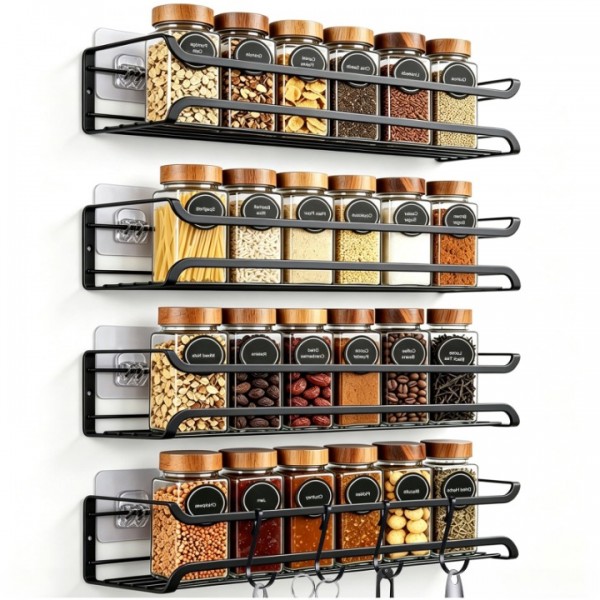stusgo 4-Tier Spice Rack Organizer for Cabinet Door, Wall Mount with Adhesive or Screws, Black