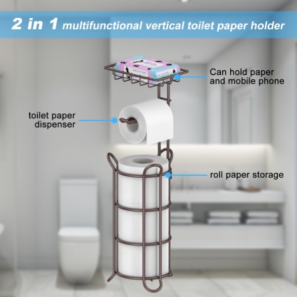stusgo Upgraded Toilet Paper Holder Free Standing, Upgraded Portable Stainless Steel Toilet Paper Roll Storage Rack, Toilet Paper Roll Dispenser with Top Storage Shelf for Bathroom (Bronze)