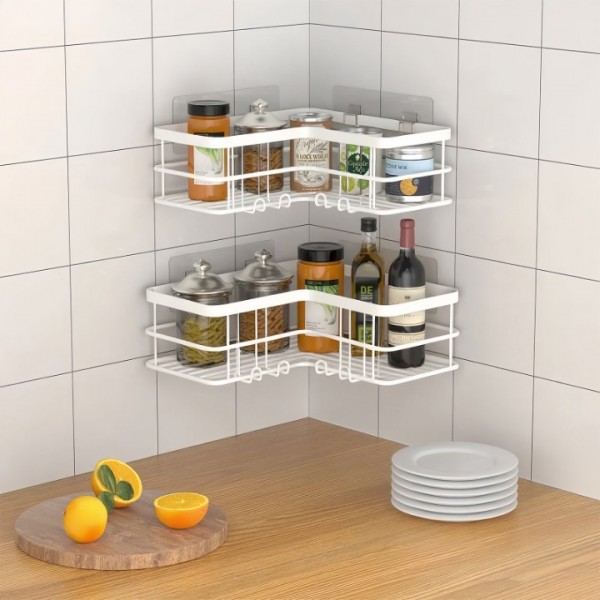 stusgo 2-Shelf Shower Caddy Corner, No Drill Rustproof Stainless Steel Bathroom Shower Organizer Wall Mounted with 8 Hooks,White