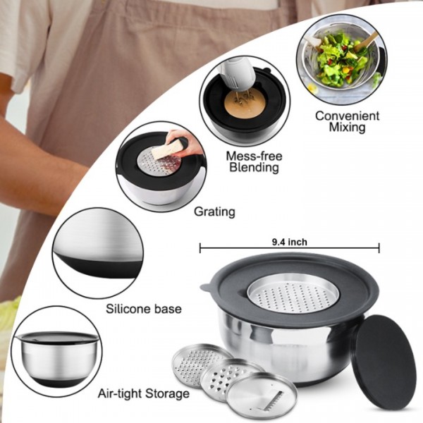 stusgo 6 Pcs Mixing Bowls with Lids,Stainless Steel Mixing Bowls with 3 Grater Attachments,Non-Slip Bottoms,Kitchen Utensils,Mixing Bowl Set for Kitchen Mixing Baking Prepping Cooking Serving,Black