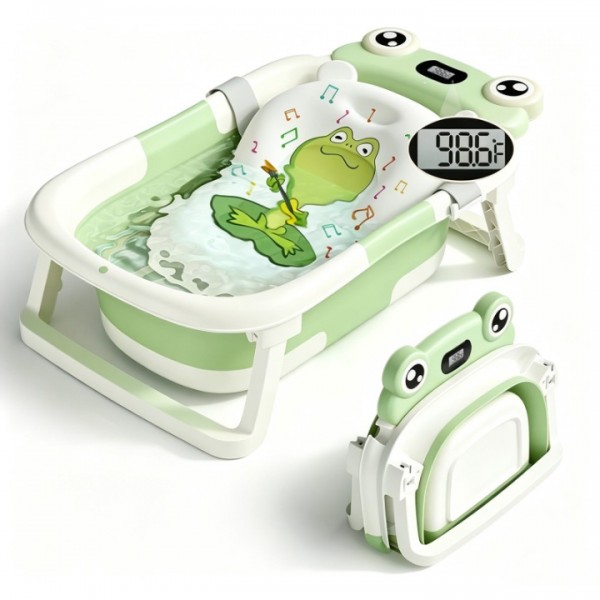 stusgo Collapsible Baby Bathtub, Plastic Frog Baby Bath Tub with Soft Cushion & Thermometer（Green）
