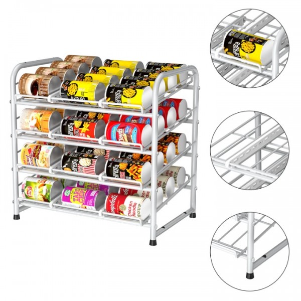 4 Tiers Stackable Can Rack Organizer, Wear-resistant Upgrade Beverage Food Can Dispenser Holder Holds up to 48 Cans for Kitchen Cabinet and Pantry (White)