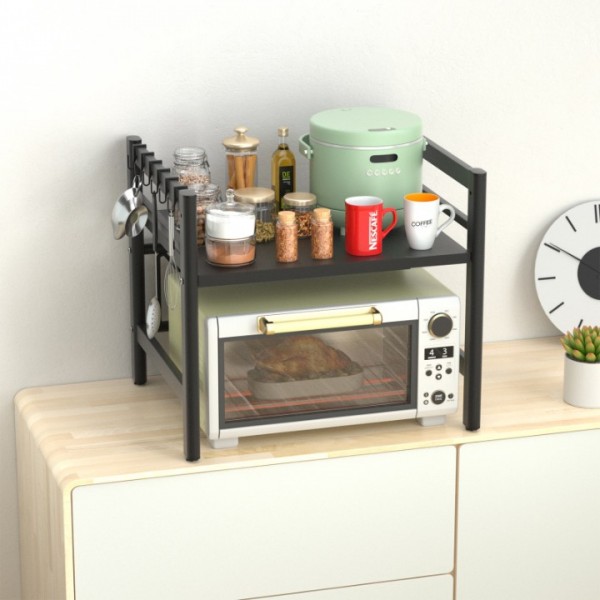 stusgo Extendable Microwave Shelf, Adjustable Toaster Oven Rack Kitchen Counter Top Organizer Stand, 2-Tier with 6 Hooks,110 lbs Weight Capacity, Black