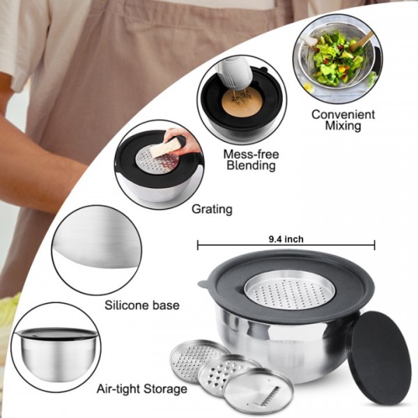 stusgo 6 Pcs Mixing Bowls with Lids,Stainless Steel Mixing Bowls with 3 Grater Attachments,Kitchen Utensils,Mixing Bowl Set for Kitchen Mixing Baking Prepping Cooking Serving,Black