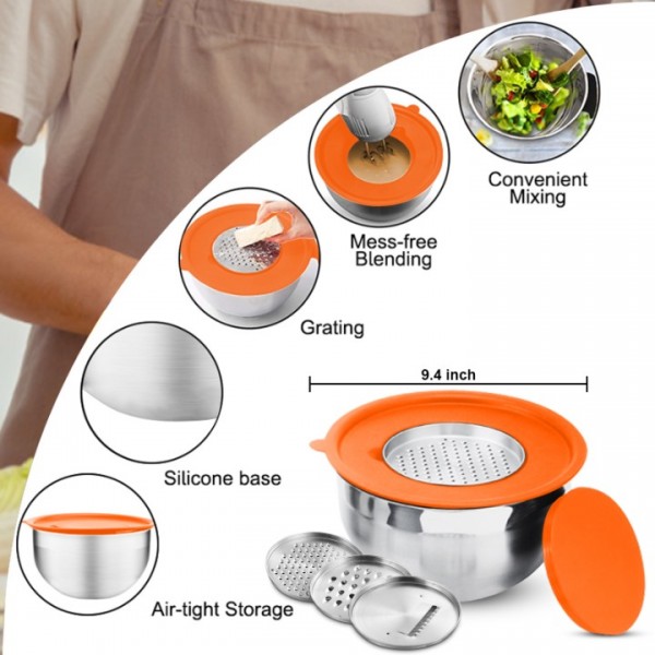 stusgo 6 Pcs Mixing Bowls with Lids,Stainless Steel Mixing Bowls with 3 Grater Attachments,Kitchen Utensils,Mixing Bowl Set for Kitchen Mixing Baking Prepping Cooking Serving,Colorful