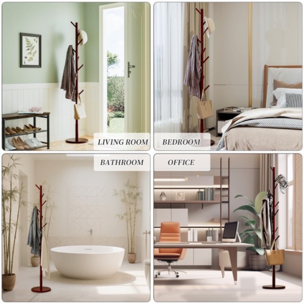 stusgo Coat Rack Freestanding,Wood Coat Tree with 8 Hooks and 3 Adjustable Section Height for Bedroom（Round Base，Dark Walnut）