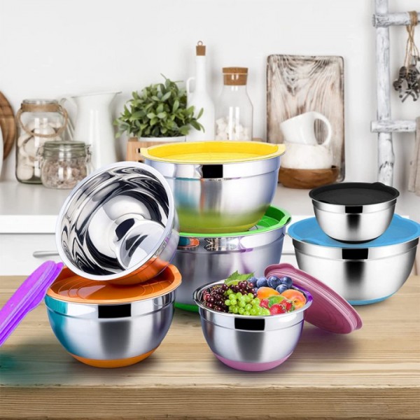 stusgo 6 Pcs Mixing Bowls with Lids,Stainless Steel Mixing Bowls,Colorful Non-Slip Bottoms,Including Kitchen Utensils,Mixing Bowl Set for Kitchen Mixing Baking Prepping Cooking Serving