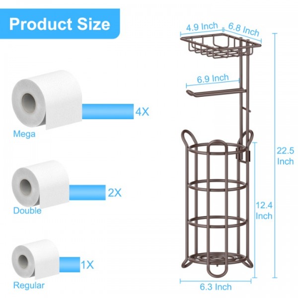stusgo Toilet Paper Holder Free Standing, Portable Stainless Steel Toilet Paper Roll Storage Rack, Toilet Paper Roll Dispenser with Top Storage Shelf for Bathroom (Bronze)