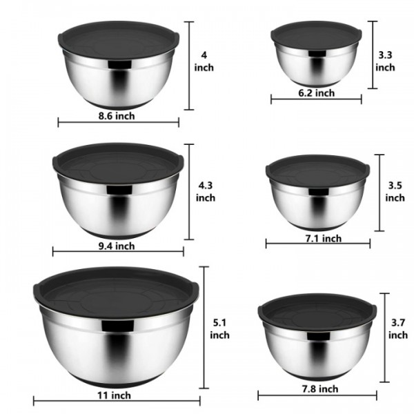 stusgo 6 Pcs Mixing Bowls with Lids,Stainless Steel Mixing Bowls,Black Non-Slip Bottoms,Including Kitchen Utensils,Mixing Bowl Set for Kitchen Mixing Baking Prepping Cooking Serving