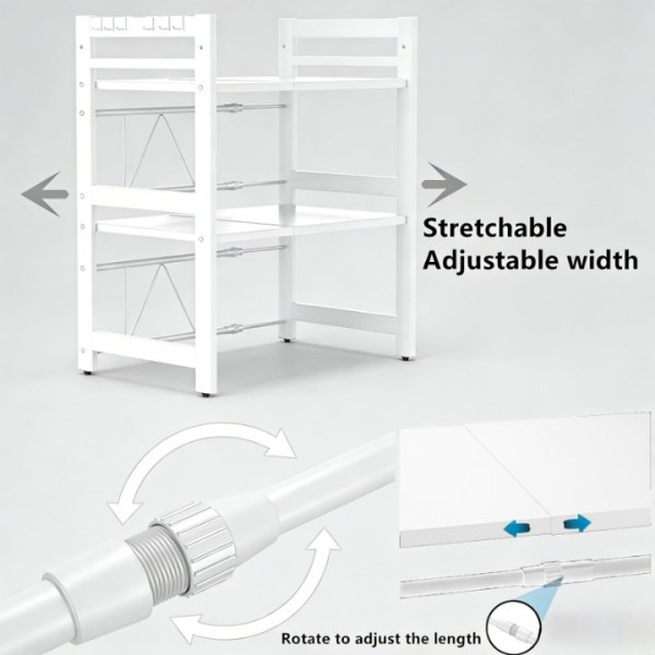 stusgo Extendable Microwave Shelf, Adjustable Toaster Oven Rack Kitchen Counter Top Organizer Stand, 3-Tier with 6 Hooks,110 lbs Weight Capacity, white