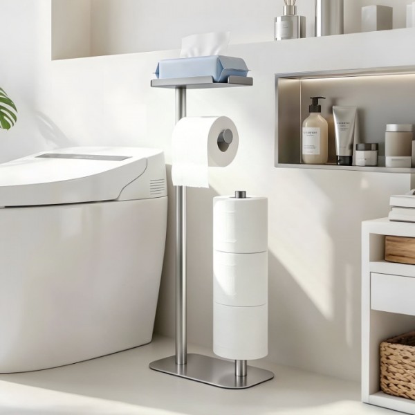 stusgo Silver Toilet Paper Holder Free Standing with Shelf, Freestanding Toilet Paper Holders with Storage & Phone Shelf, Modern Standing Toilet Paper Holder for Bathroom, Tissue Holder Stand