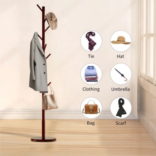 stusgo Coat Rack Freestanding,Wood Coat Tree with 8 Hooks and 3 Adjustable Section Height for Bedroom（Round Base，Dark Walnut）