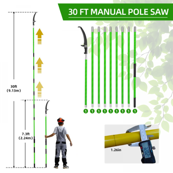 Pole Trimmer for Tree Trimming – 7.3–30 ft Long Tree Trimmer Pole Saw with Sharp Steel Blade and Pruner, Extendable Pole Saw with Lightweight 9 Fiberglass Handles, for Garden and High-Branch Cutting