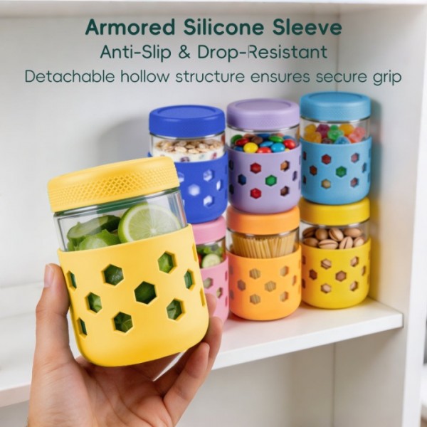 stusgo 6 Pack 16 Oz Glass Overnight Oats Containers with Lids and Silicone Sleeves, Glass Mason Jars