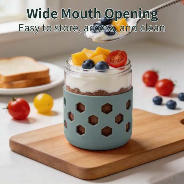 stusgo 6 Pack 16 Oz Glass Overnight Oats Containers with Lids and Silicone Sleeves, Glass Mason Jars