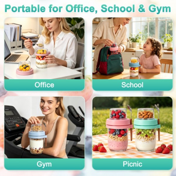 stusgo 2 Pack Glass Overnight Oats Containers with Lids & Spoons, 20oz Leakproof Meal Prep Jars for Yogurt, Granola, Salad, Portable & Dishwasher Safe