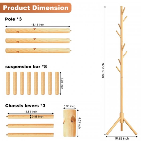 Coat Rack Freestanding,Wooden Coat Tree with 8 Hooks and 3 Adjustable Section Height for Bedroom, Hallway, Entrance,Office,Coat Hanger Percheros for Jackets Sweater Hat Bag Wigs
