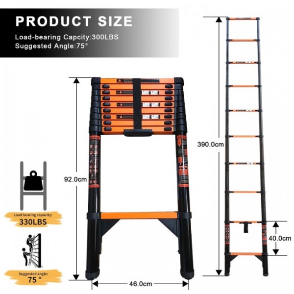 stusgo 12.8FT Telescoping Ladders, 3.9M Carbon Steel Extension Ladder, Heavy Duty 330lbs Capacity