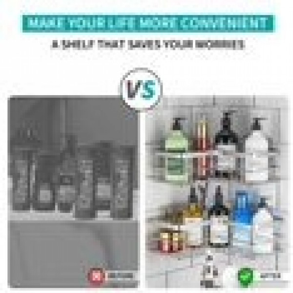 stusgo Corner Shower Caddy 2 Pack, Bathroom Shower Organizer Shelves, No Drilling Corner Shower Shelves Shampoo Holder with 8 Hooks and 6 Adhesives（Silver Gray）