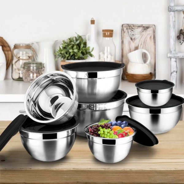 stusgo 6 Pcs Mixing Bowls with Lids,Stainless Steel Mixing Bowls with 3 Grater Attachments,Kitchen Utensils,Mixing Bowl Set for Kitchen Mixing Baking Prepping Cooking Serving,Black